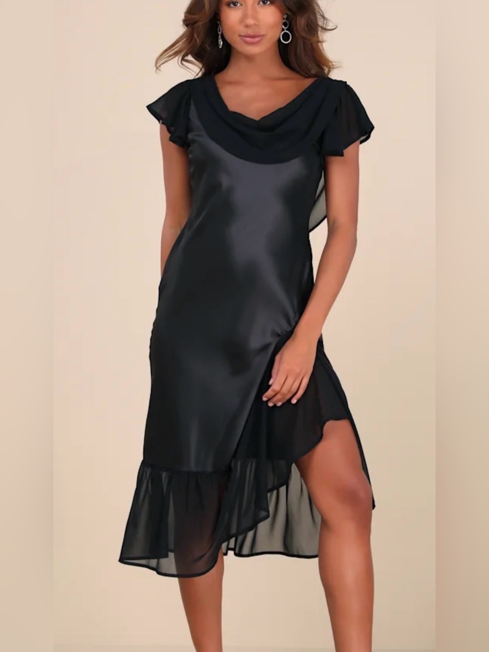 Lulus NWT Dressed to Impress black satin flutter sleeve midi dress, medium